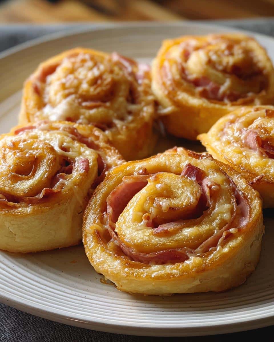 Close-up of golden baked ham and cheese rolls, perfect for a 5-Ingredient Breakfast Bake.