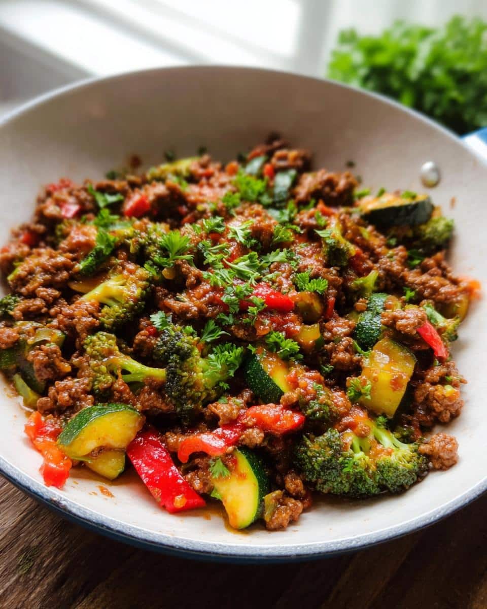 Close-up of a Healthy Beef & Veggie Skillet with ground beef, broccoli, zucchini, and red peppers, garnished with parsley.