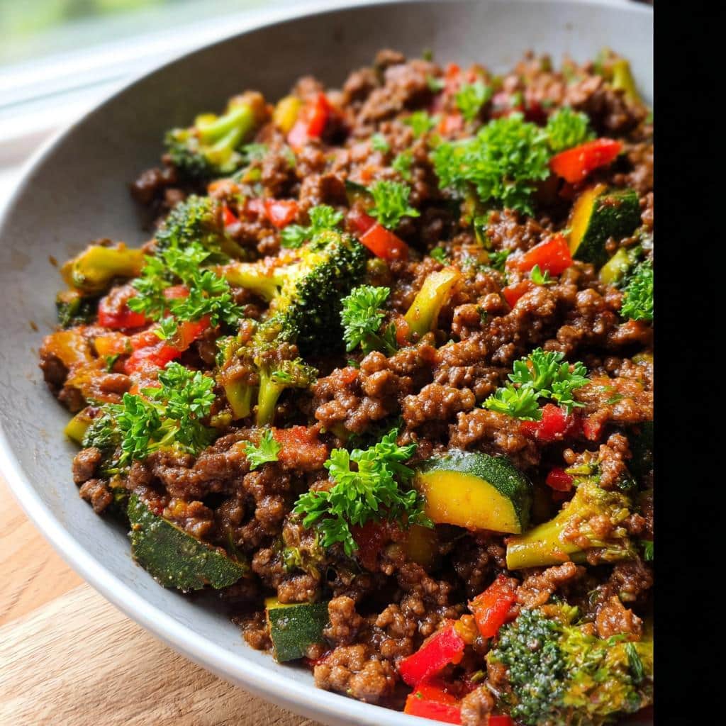 Close-up of a Healthy Beef & Veggie Skillet with ground beef, broccoli, zucchini, and red peppers, garnished with parsley.