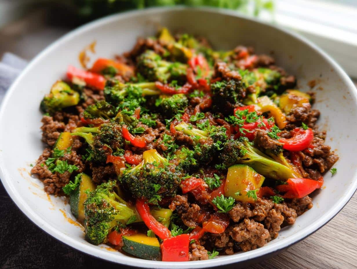 Close-up of a Healthy Beef & Veggie Skillet featuring ground beef, broccoli, red peppers, and zucchini, topped with parsley.
