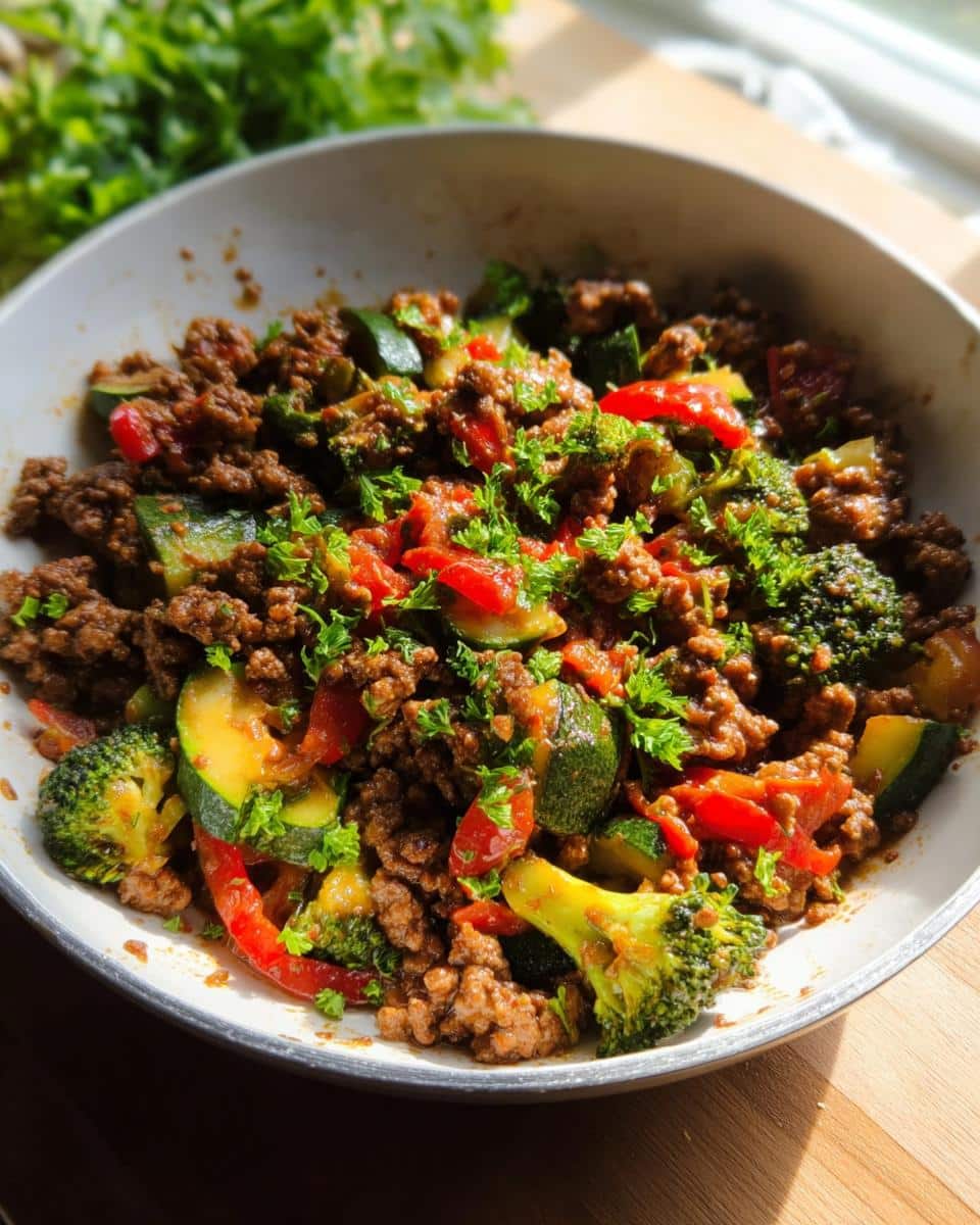 Close-up of a skillet filled with Healthy Beef & Veggie Skillet, featuring ground beef, zucchini, broccoli, and red peppers, topped with parsley.