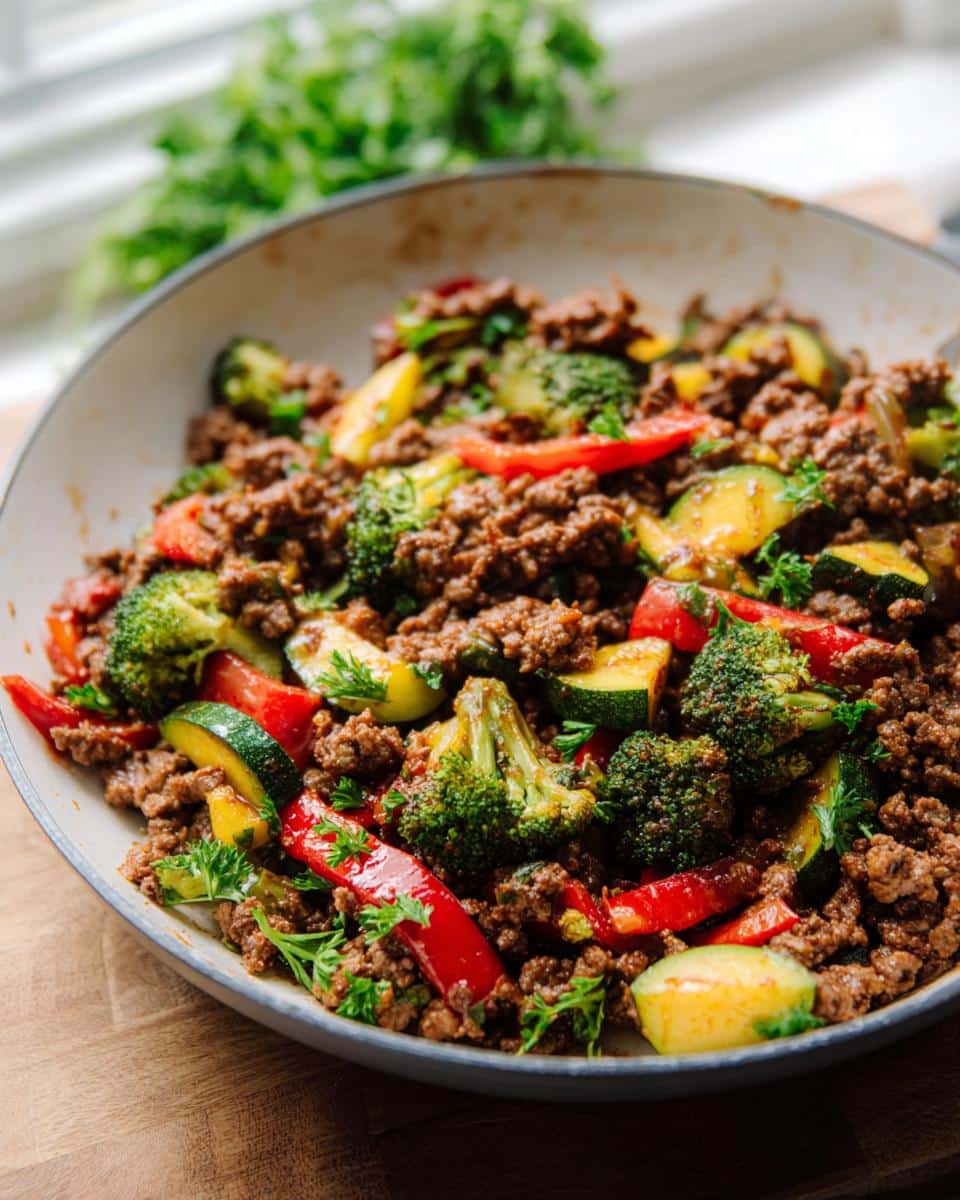 Close-up of a skillet filled with Healthy Beef & Veggie Skillet, featuring ground beef, broccoli, zucchini, and red peppers.