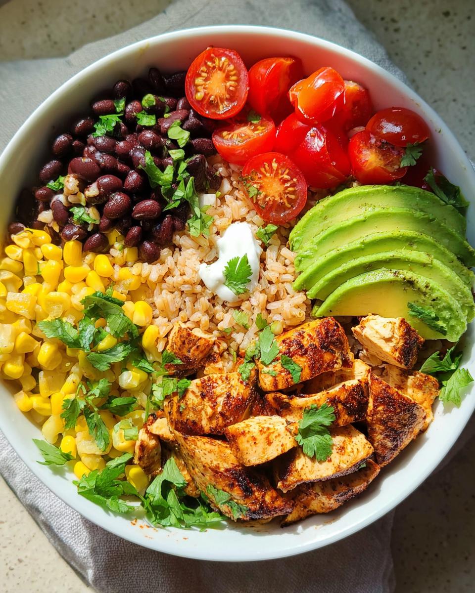 Overhead view of a vibrant Healthy Burrito Lunch Bowl featuring seasoned chicken, brown rice, black beans, corn, avocado, and tomatoes.