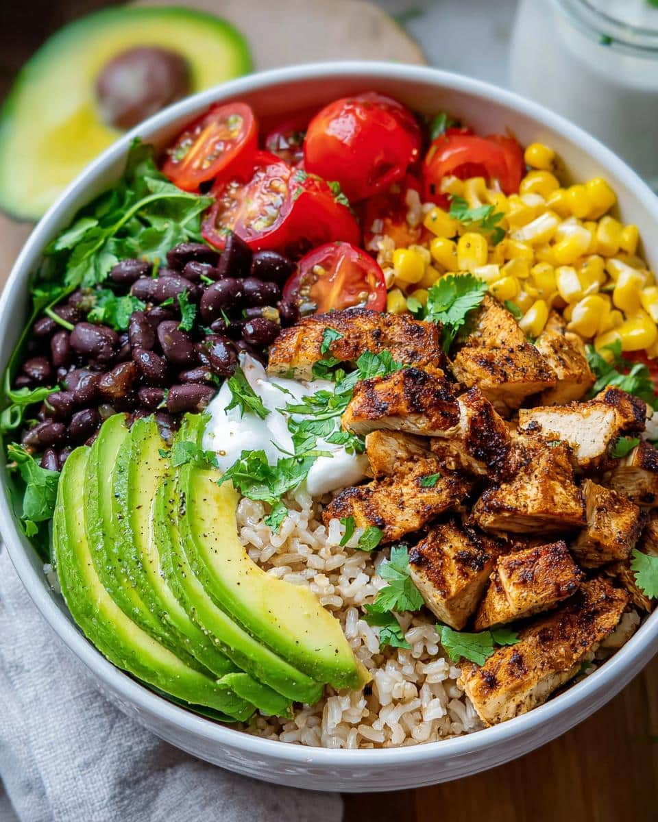 A vibrant Healthy Burrito Lunch Bowl featuring brown rice, seasoned chicken, avocado, black beans, corn, and tomatoes.