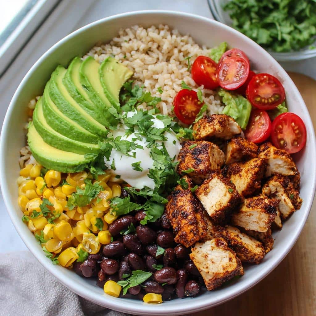 A vibrant Healthy Burrito Lunch Bowl featuring seasoned chicken, brown rice, black beans, corn, avocado, and tomatoes.