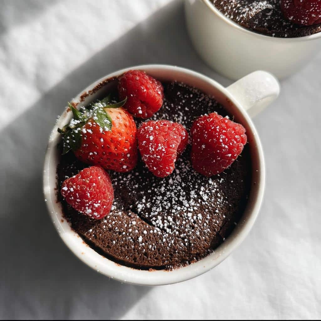 Close-up of a Healthy Chocolate Mug Cake topped with fresh raspberries, a strawberry, and powdered sugar.