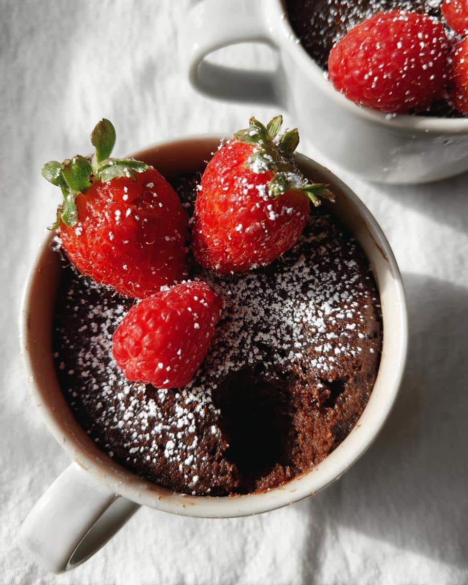 Close-up overhead view of a Healthy Chocolate Mug Cake dusted with powdered sugar and topped with fresh strawberries and a raspberry.