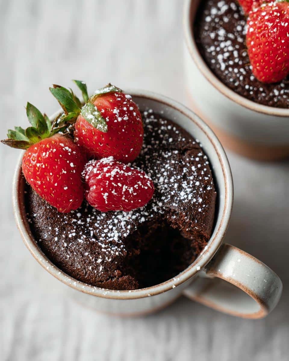 Close-up of a Healthy Chocolate Mug Cake topped with powdered sugar, strawberries, and a raspberry.