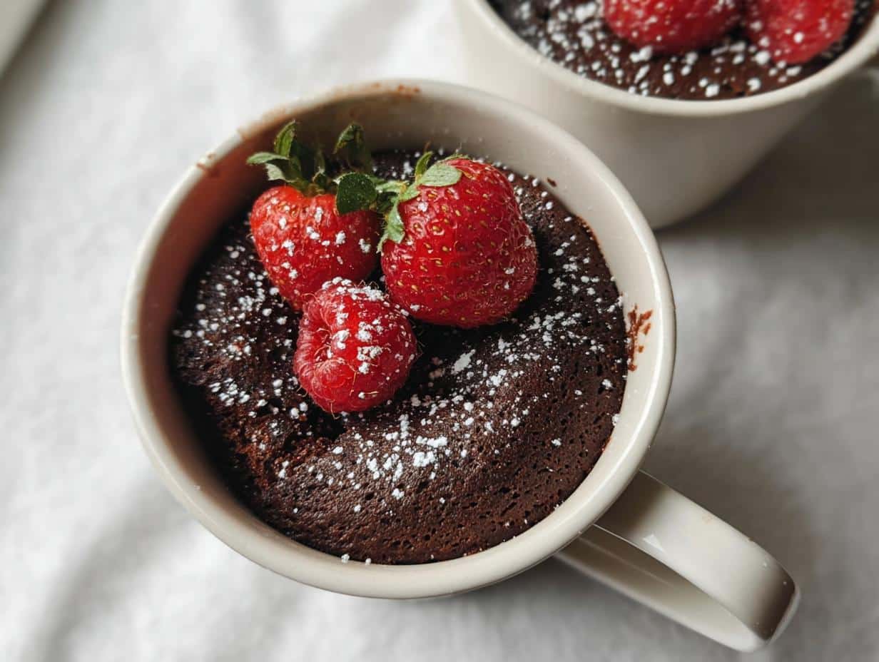 A close-up overhead view of a rich, dark Healthy Chocolate Mug Cake topped with fresh strawberries, a raspberry, and powdered sugar.
