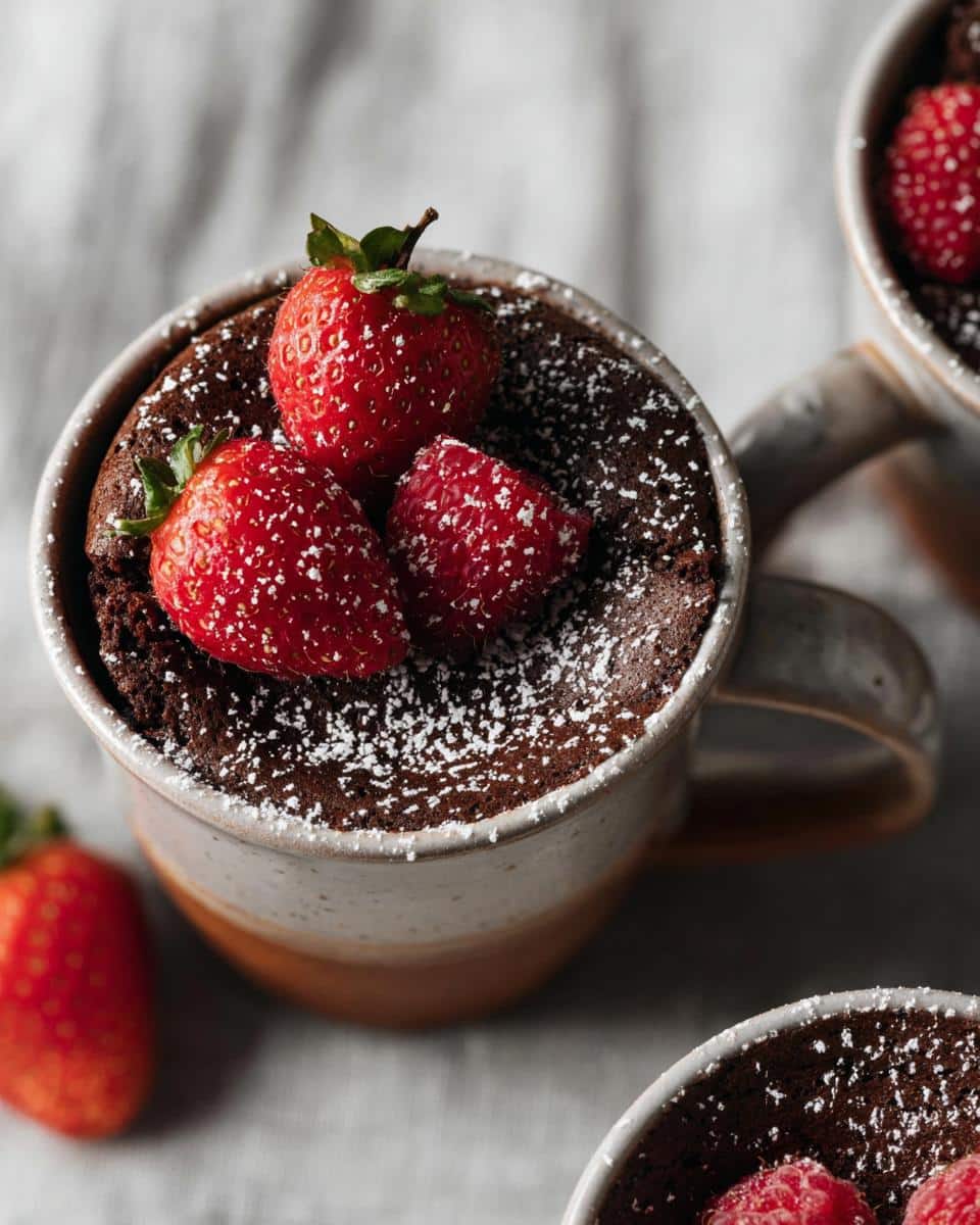 Close-up of a rich Healthy Chocolate Mug Cake dusted with powdered sugar and topped with fresh strawberries.