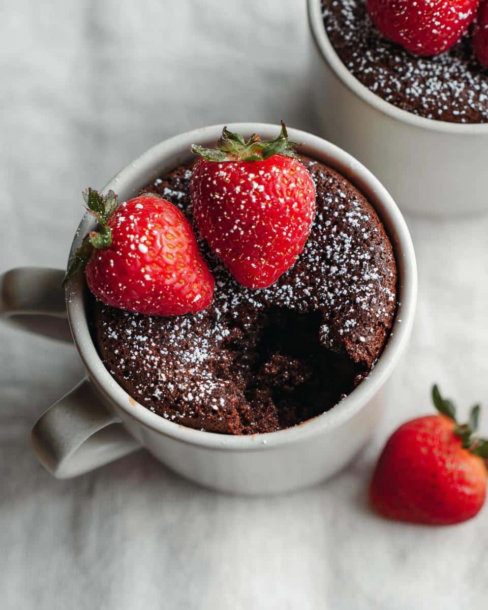 Close-up of a Healthy Chocolate Mug Cake in a white mug, topped with powdered sugar and fresh strawberries.