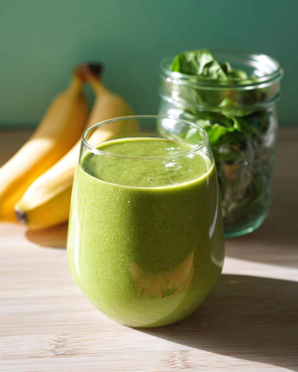 A glass filled with a thick, vibrant Healthy Green Smoothie for Weight Loss, with bananas and spinach in the background.
