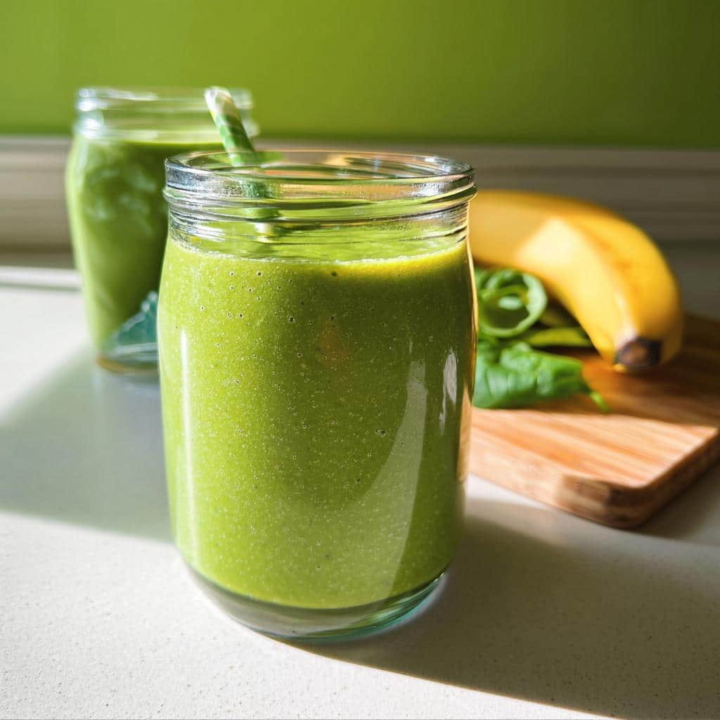 Close-up of a vibrant Healthy Green Smoothie for Weight Loss in a glass jar, with a banana and spinach visible in the background.