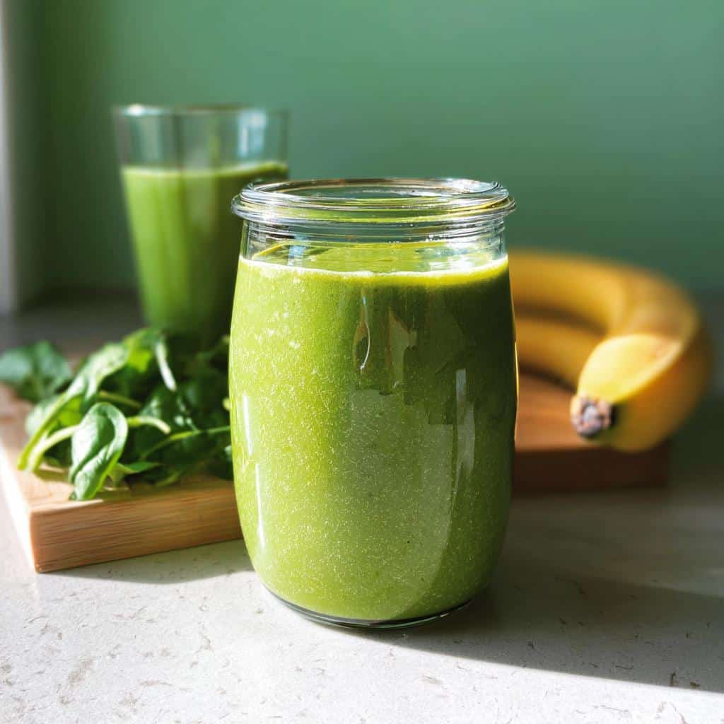 Close-up of a vibrant Healthy Green Smoothie for Weight Loss in a glass jar, with spinach and a banana nearby.