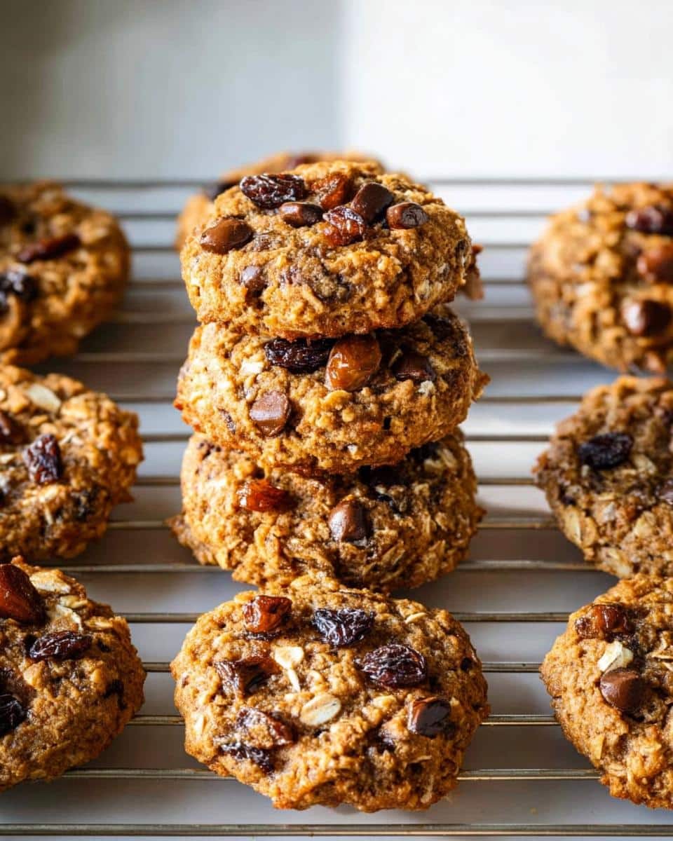 A stack of three and several surrounding Healthy Oatmeal Cookies loaded with raisins and chocolate chips cooling on a wire rack.