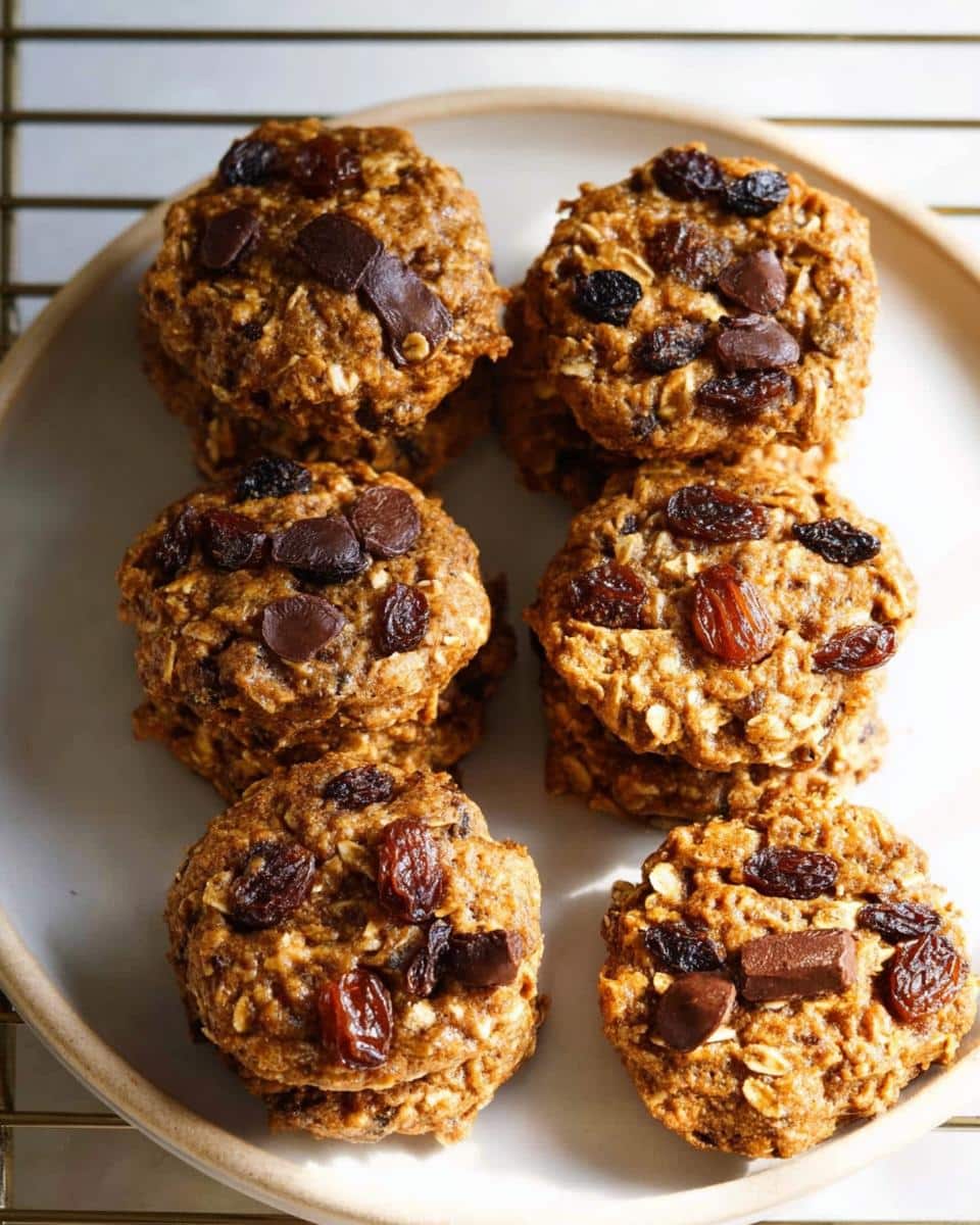Six stacks of freshly baked Healthy Oatmeal Cookies featuring visible oats, raisins, and chocolate chips on a light plate.