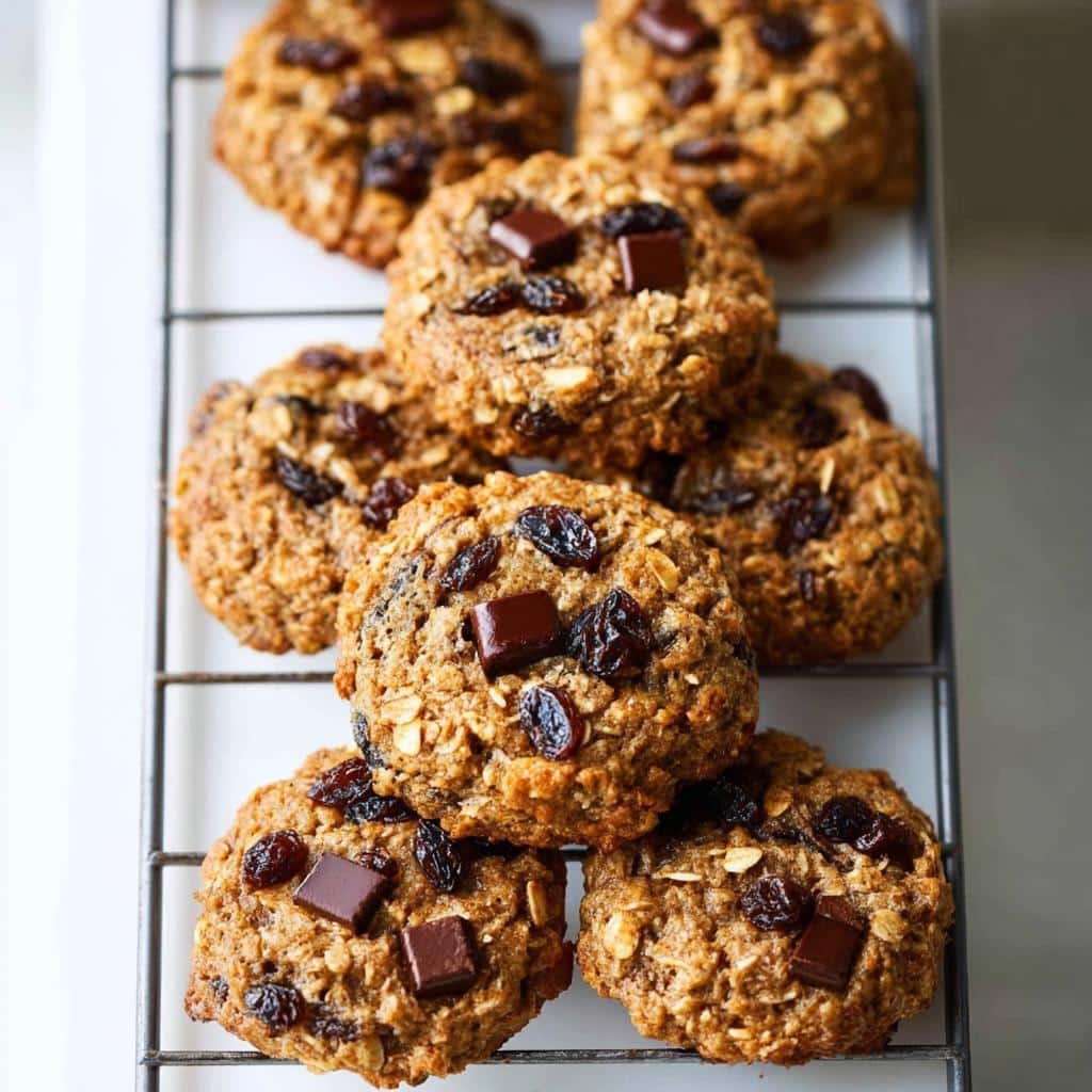 A stack of freshly baked Healthy Oatmeal Cookies studded with raisins and chocolate chunks cooling on a wire rack.