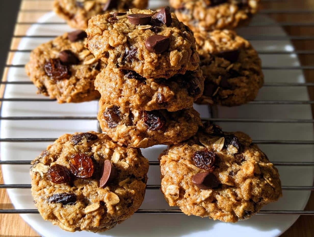 A stack and arrangement of freshly baked Healthy Oatmeal Cookies containing visible oats, raisins, and chocolate chips, cooling on a wire rack.