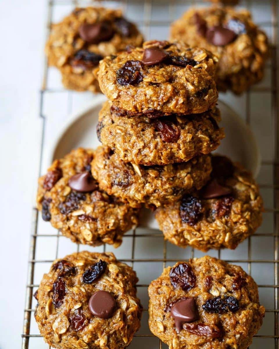 A stack and arrangement of freshly baked Healthy Oatmeal Cookies featuring oats, raisins, and chocolate chips on a cooling rack.