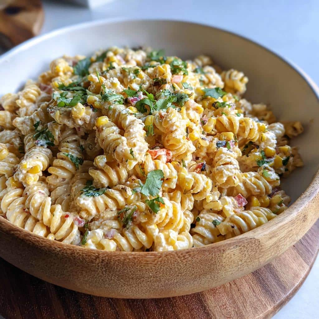 Close-up of creamy Healthy Street Corn Pasta Salad with rotini pasta and fresh cilantro garnish.