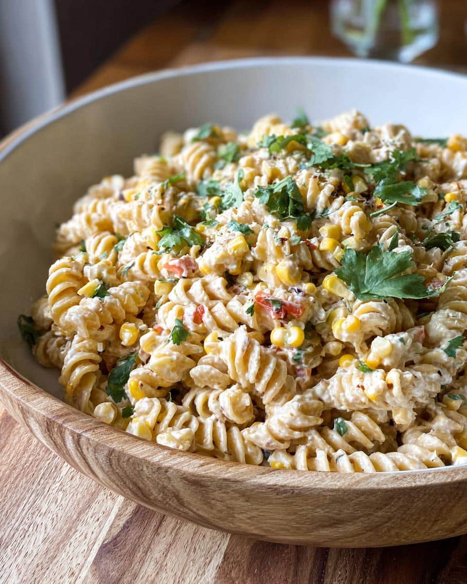 Close-up of creamy Healthy Street Corn Pasta Salad featuring rotini pasta, corn kernels, and fresh cilantro.