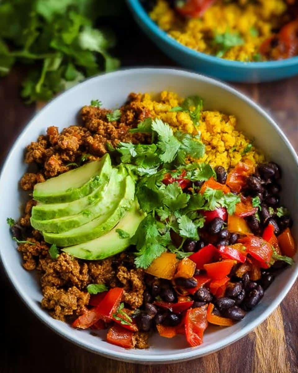 A vibrant Healthy Taco Bowl featuring seasoned ground meat, yellow cauliflower rice, black beans, sliced avocado, and fresh cilantro.