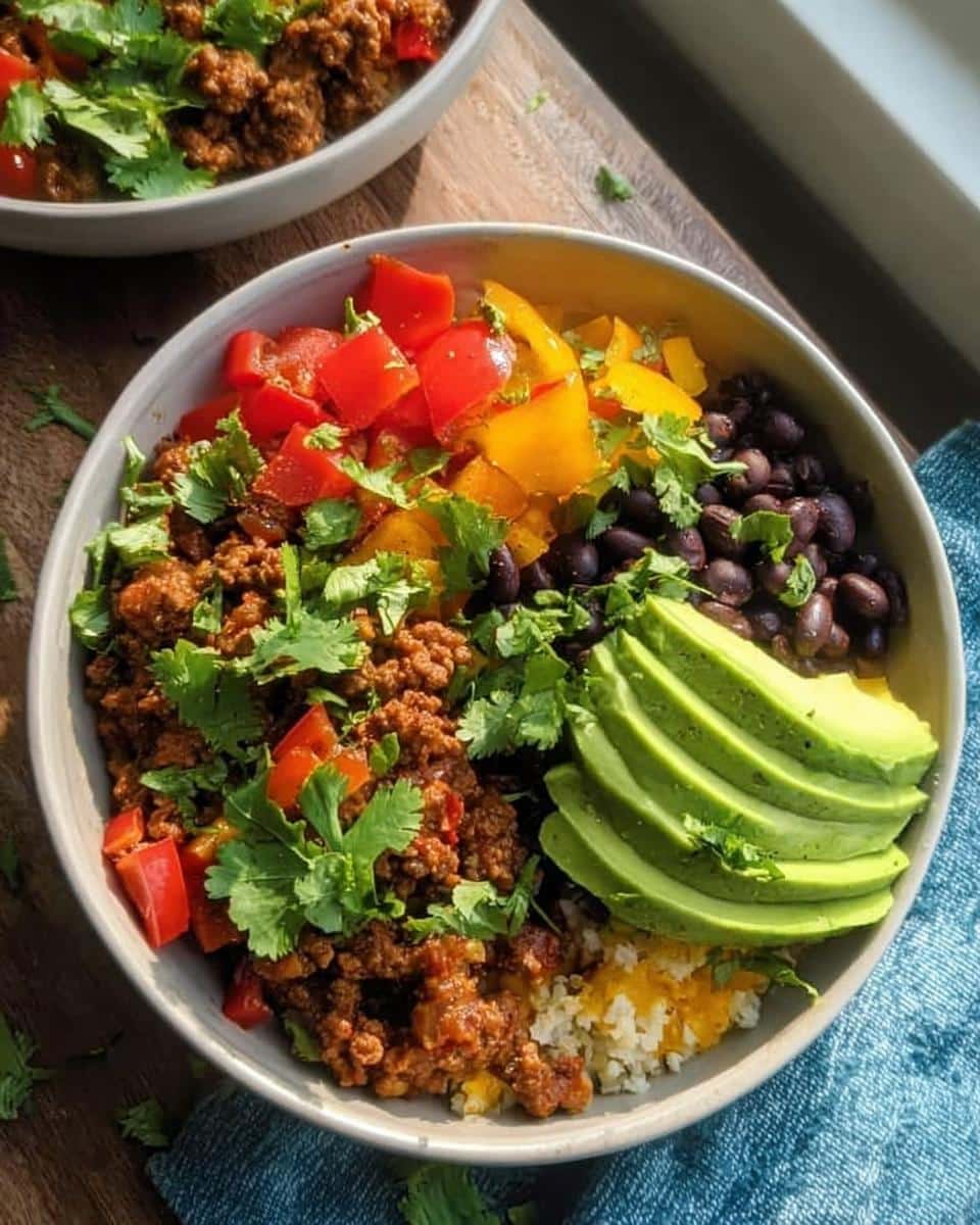 A colorful Healthy Taco Bowl featuring seasoned ground meat, sliced avocado, black beans, bell peppers, and cilantro.