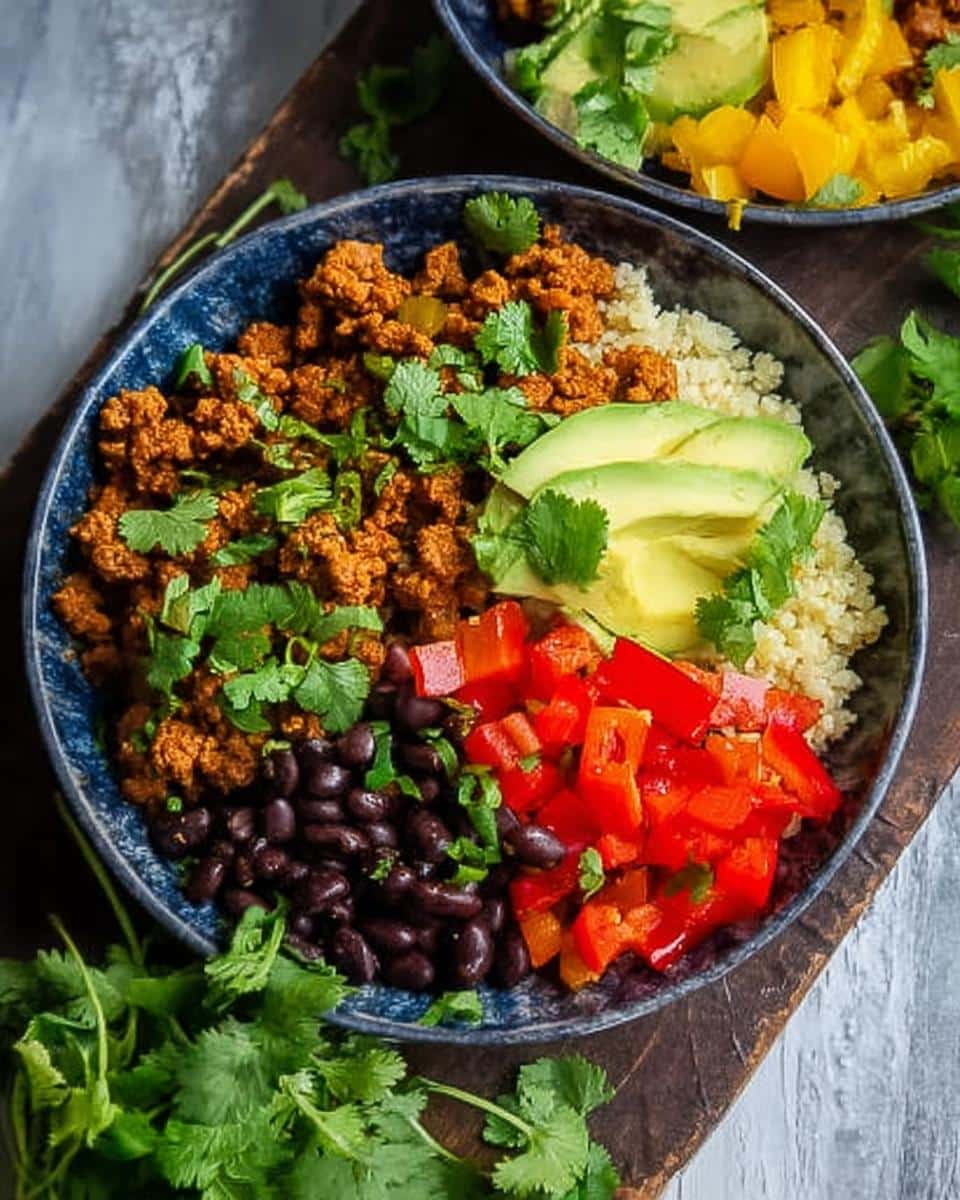 Overhead view of a vibrant Healthy Taco Bowl featuring seasoned ground meat, black beans, quinoa, avocado slices, and red peppers.
