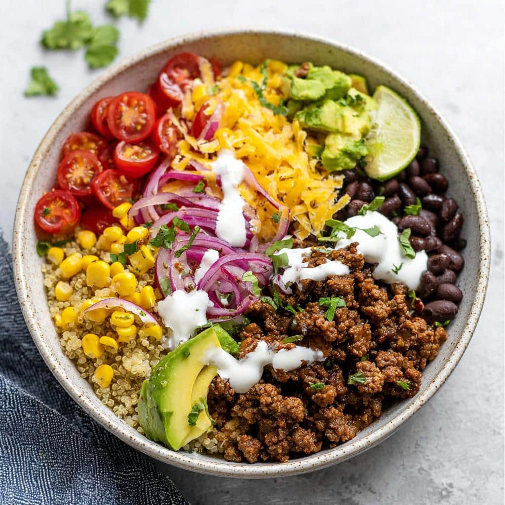 Overhead view of a vibrant Healthy Taco Lunch Bowl featuring seasoned ground meat, quinoa, black beans, corn, avocado, and cheese.
