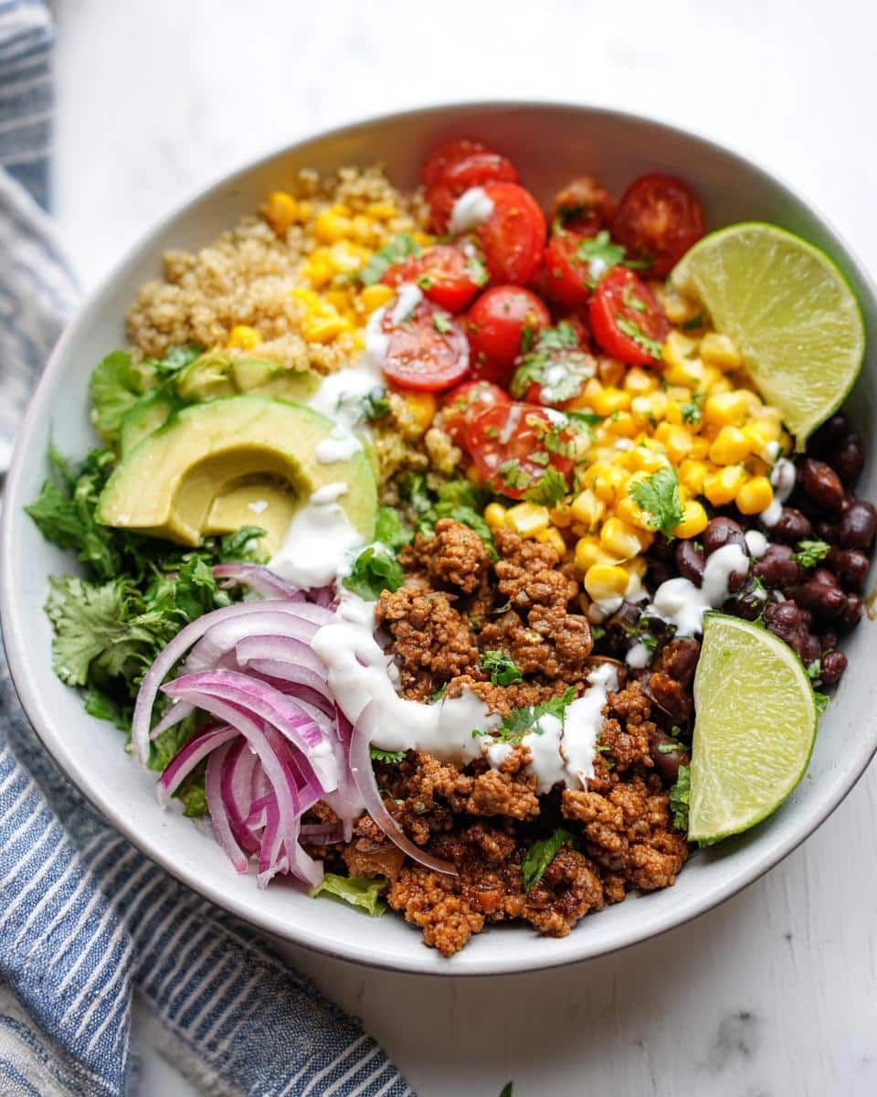 A vibrant Healthy Taco Lunch Bowl featuring seasoned ground beef, quinoa, black beans, corn, tomatoes, avocado, and red onion.