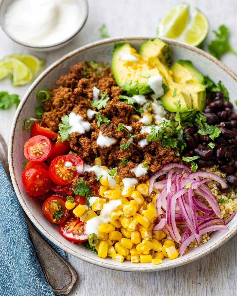 Close-up of a Healthy Taco Lunch Bowl featuring seasoned ground meat, avocado, black beans, corn, and red onion over quinoa.