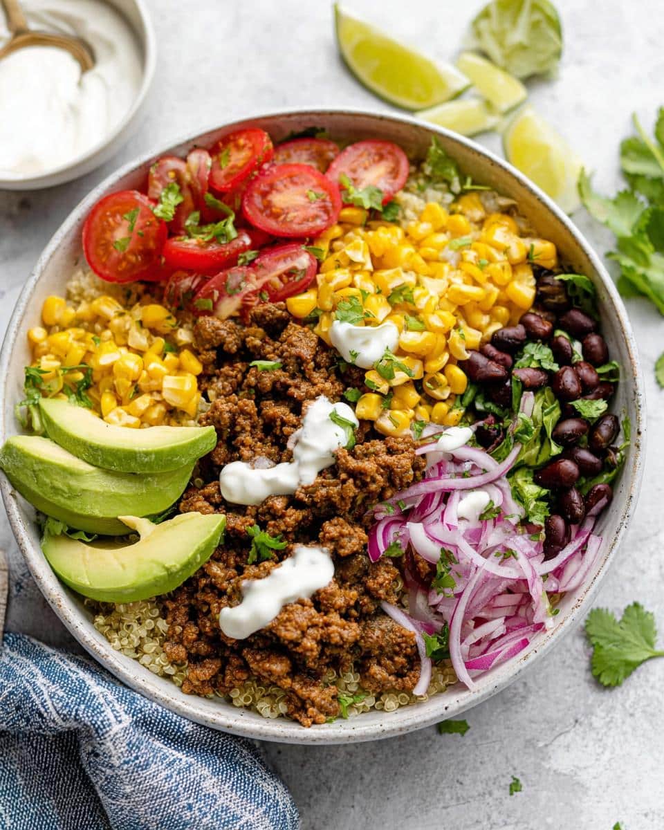 Overhead view of a colorful Healthy Taco Lunch Bowl featuring seasoned ground beef, quinoa, corn, black beans, avocado, and tomatoes.