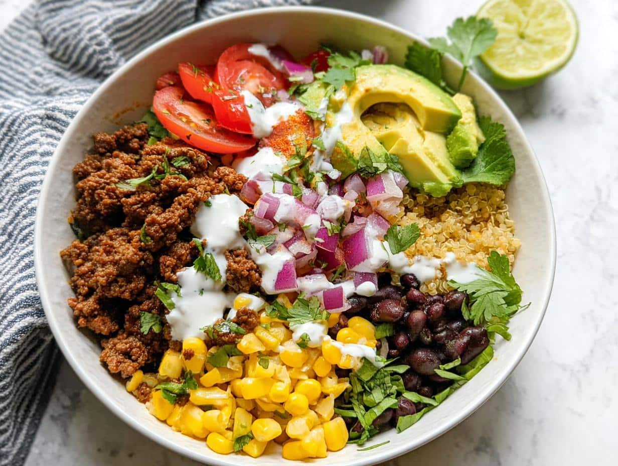 Overhead view of a vibrant Healthy Taco Lunch Bowl featuring seasoned ground meat, quinoa, black beans, corn, avocado, and tomato.