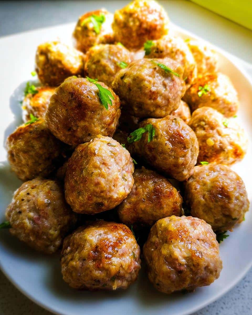 A close-up pile of golden-brown, freshly cooked Healthy Turkey Meatballs garnished with fresh parsley on a white plate.