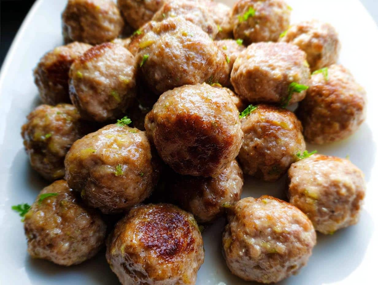 A close-up of freshly cooked, browned Healthy Turkey Meatballs piled on a white plate, garnished with small flecks of green herbs.
