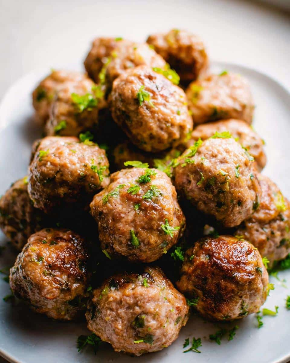 A close-up stack of freshly cooked Healthy Turkey Meatballs, browned and sprinkled with fresh green parsley.