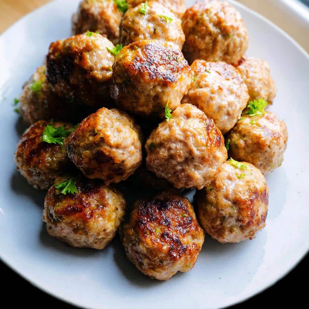A pile of golden-brown, perfectly cooked Healthy Turkey Meatballs garnished with small pieces of parsley on a light blue plate.