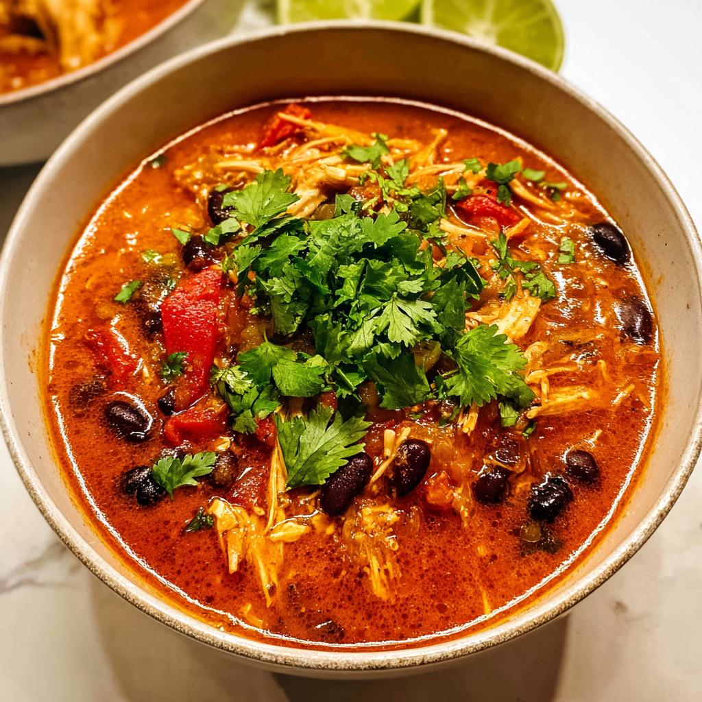Close-up of a rich, red bowl of High-Protein Chicken Chili Soup topped generously with fresh cilantro.