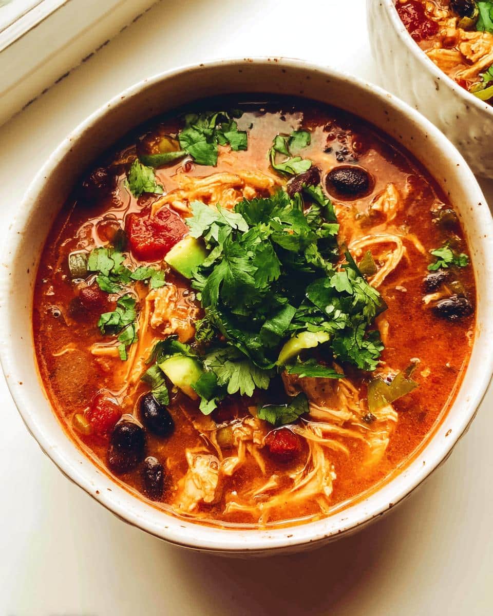 A close-up of a bowl of rich, red High-Protein Chicken Chili Soup topped with fresh cilantro, avocado, and black beans.
