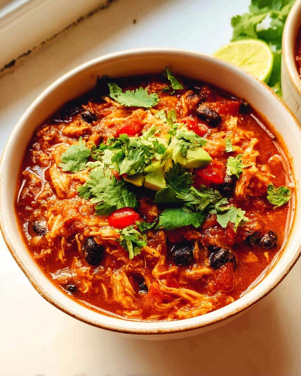 A close-up of a bowl filled with rich, red High-Protein Chicken Chili Soup, topped with avocado, cilantro, and black beans.