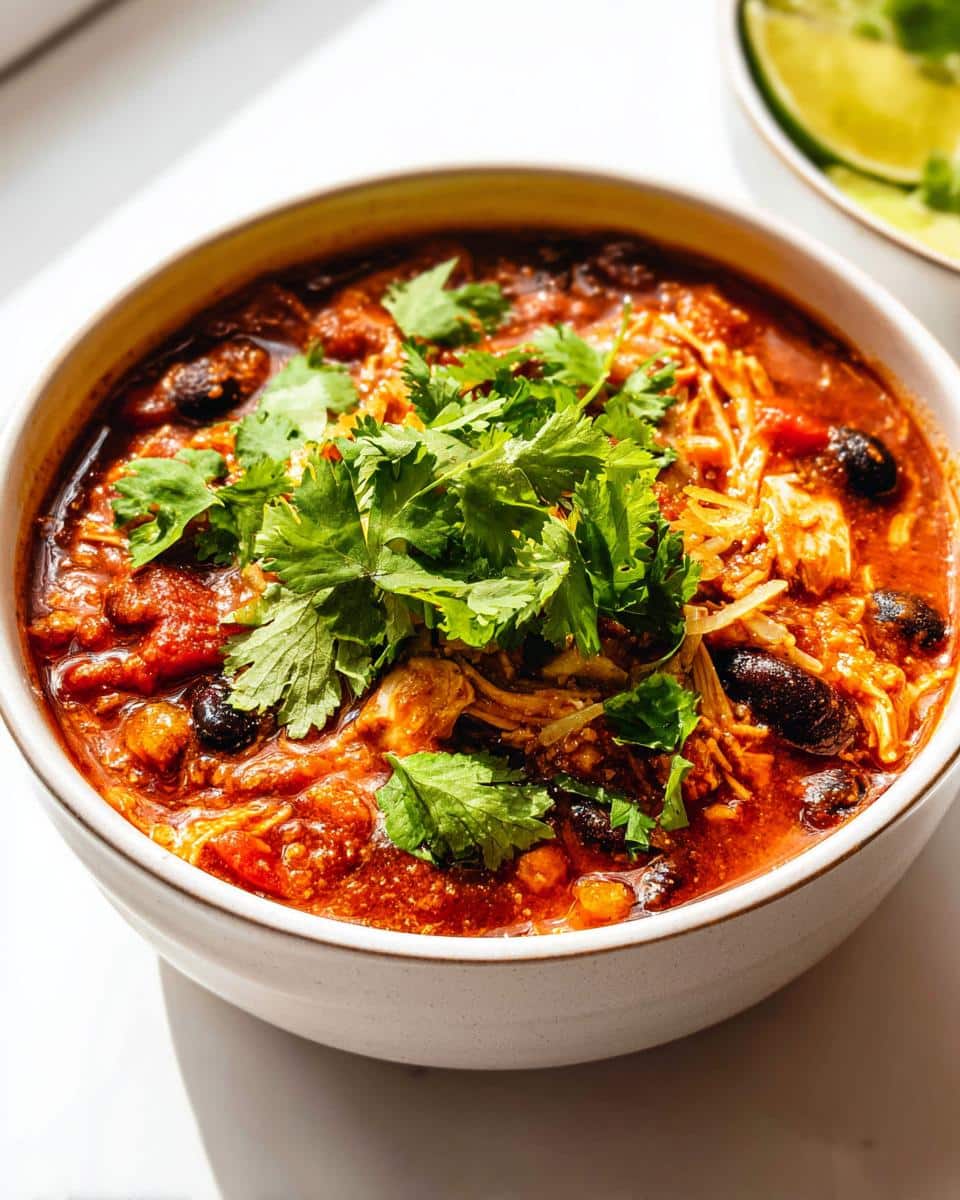 Close-up of a bowl of rich, red High-Protein Chicken Chili Soup topped generously with fresh cilantro.