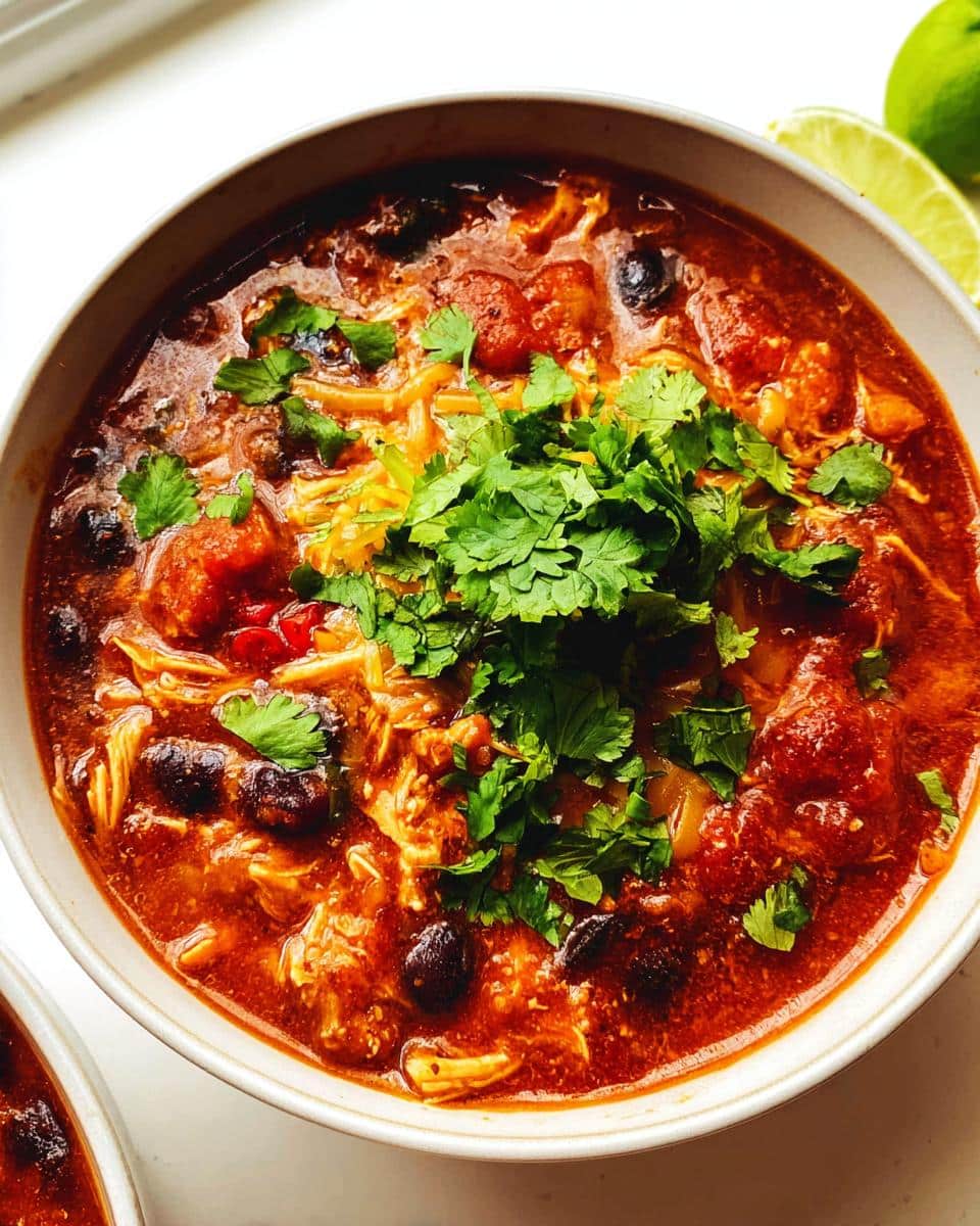 Close-up of a rich, red bowl of High-Protein Chicken Chili Soup topped generously with fresh cilantro.