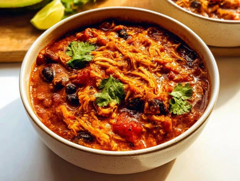 Close-up of a bowl filled with rich, shredded High-Protein Chicken Chili Soup, topped with fresh cilantro leaves.