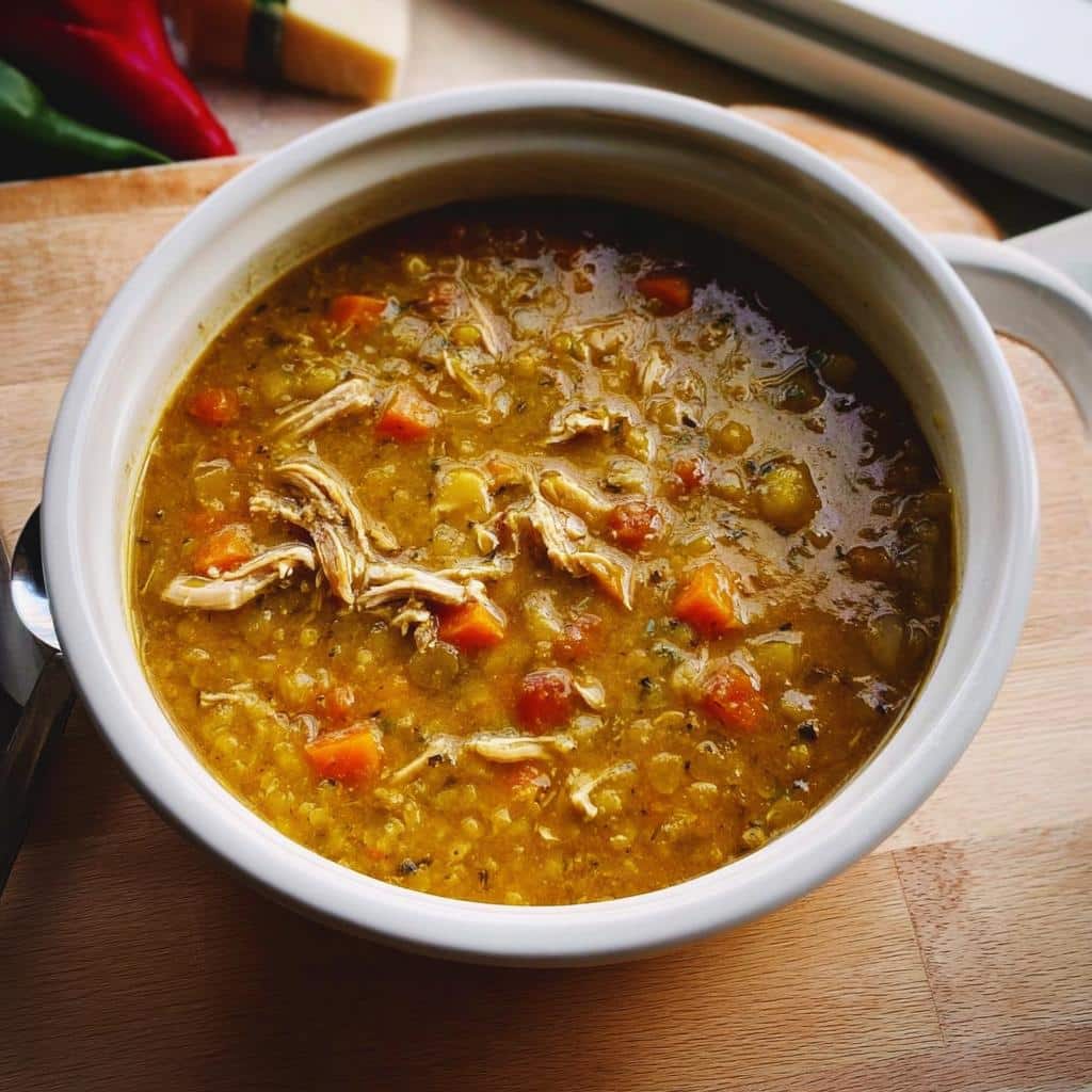 A hearty bowl of High-Protein Chicken Lentil Soup featuring shredded chicken and diced carrots in a thick, savory broth.