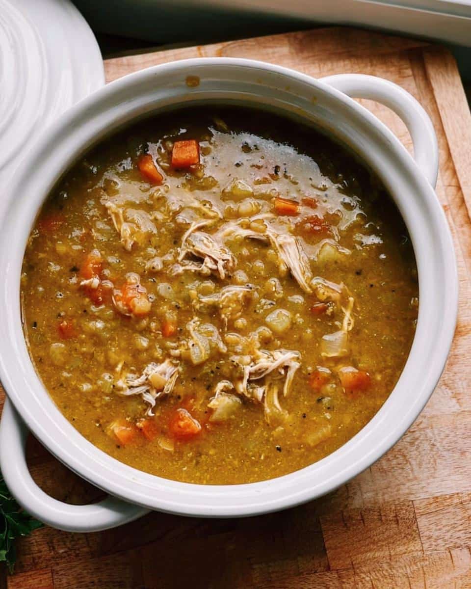 A close-up overhead view of thick High-Protein Chicken Lentil Soup served in a white bowl on a wooden cutting board.