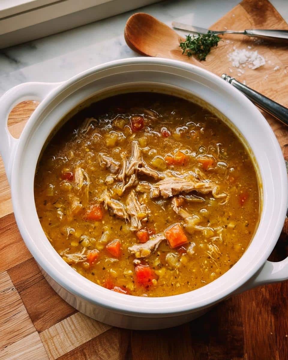 A close-up of rich, thick High-Protein Chicken Lentil Soup topped with shredded chicken and carrots in a white serving bowl.