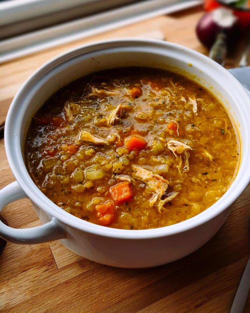 Close-up of a rich, savory bowl of High-Protein Chicken Lentil Soup with visible shredded chicken and diced carrots.