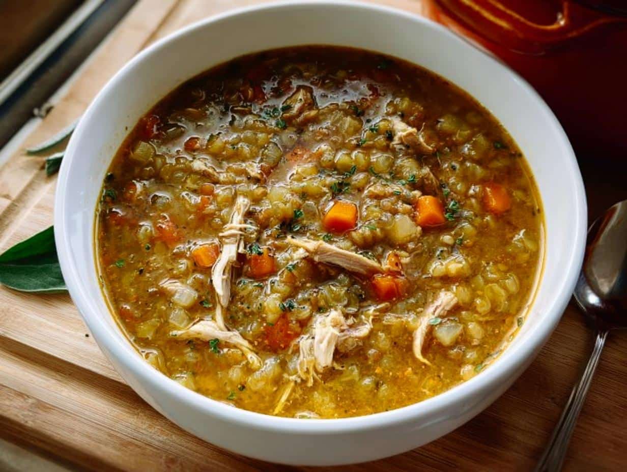 Close-up of a hearty bowl of High-Protein Chicken Lentil Soup, featuring shredded chicken, lentils, and diced carrots.