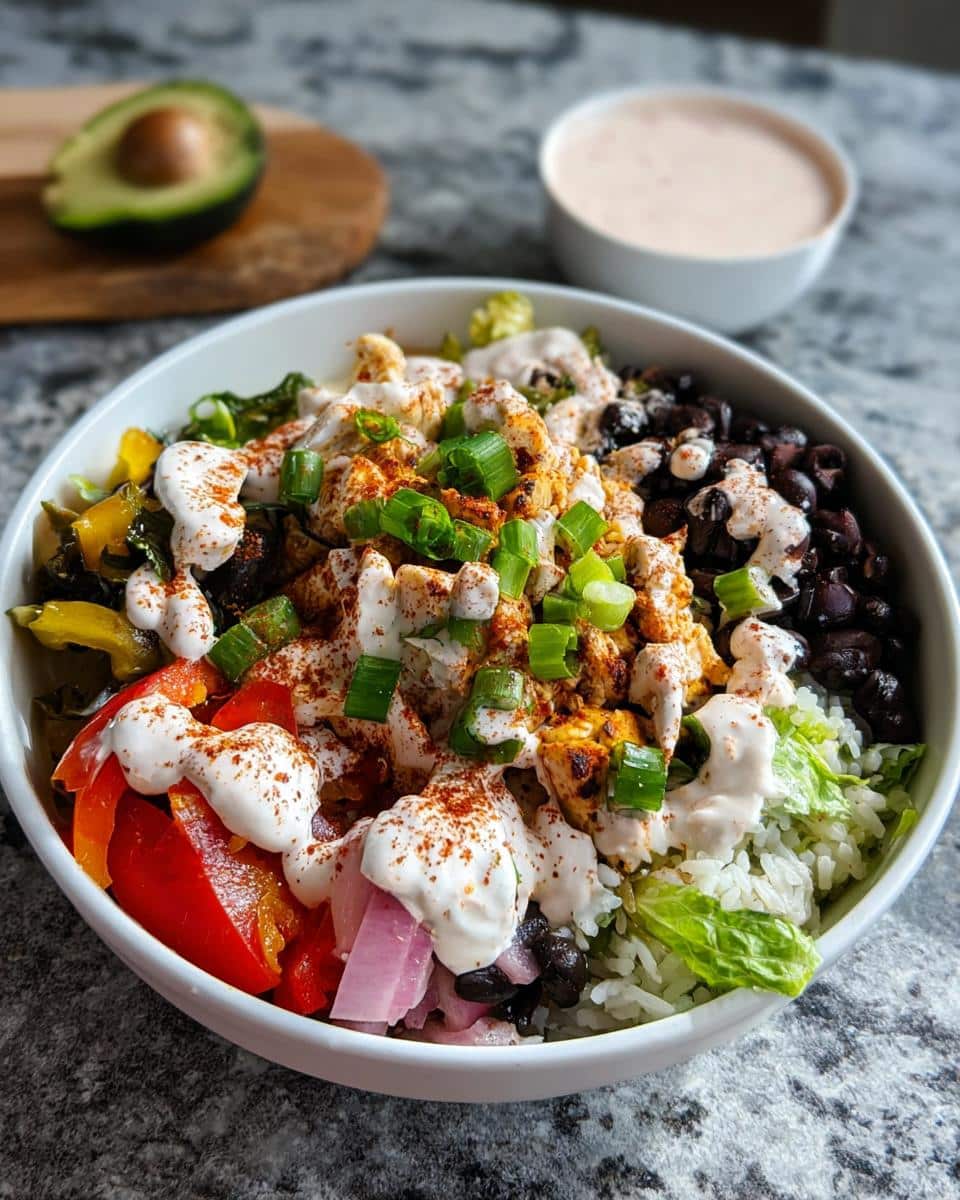 Close-up of a vibrant High-Protein Chicken Rice Bowl topped with white sauce and green onions.