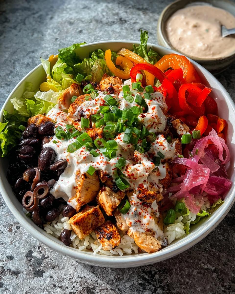 Close-up of a High-Protein Chicken Rice Bowl topped with grilled chicken, black beans, peppers, and white sauce.